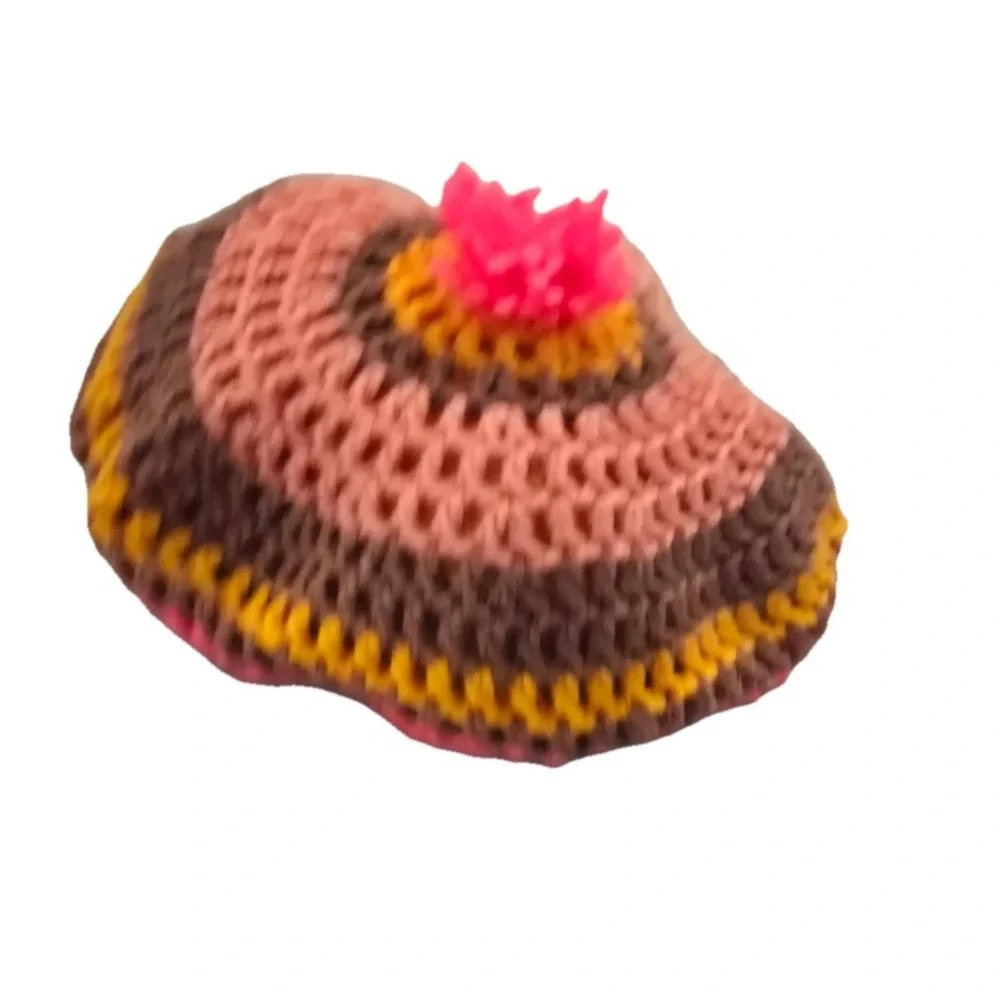 Vtg Crochet Beret Hat Women's OS Pink Brown Yellow Handmade Pom Hand Knit NEW‎